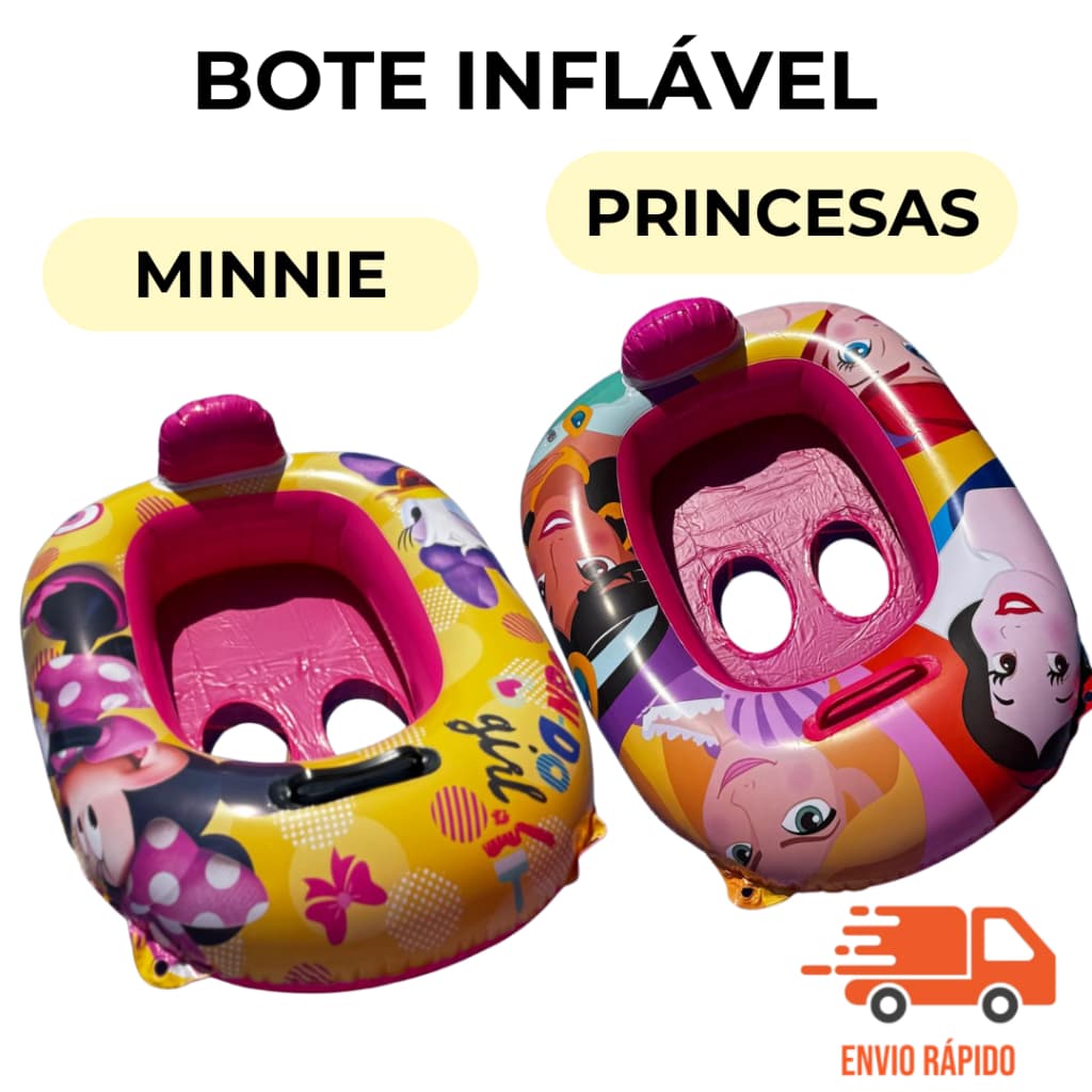 Boia Bote Inflável Infantil Minnie e Princesas Diversão Garantida para Crianças na Piscina e Praia