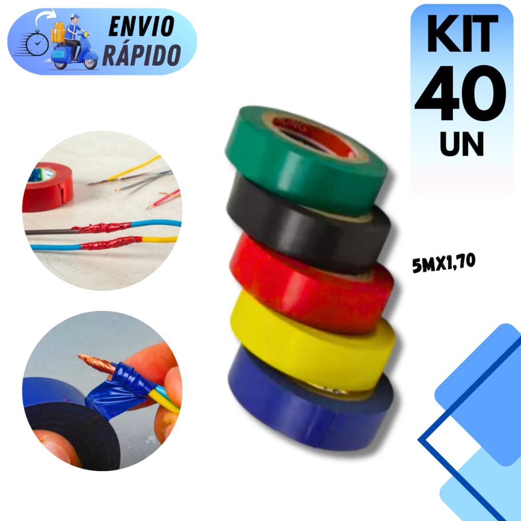 KIT 40 FITA ANTICHAMA ISOLANTE MULTIUSO COLORIDA 5 METROS CABO FIO PVC