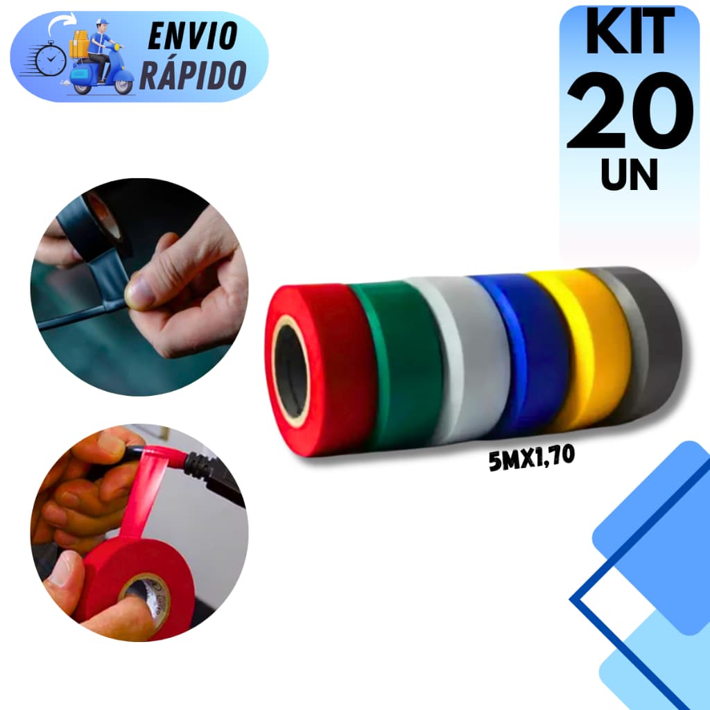 KIT 20 FITA ADESIVA ISOLANTE FIO ANTICHOQUE 5M X 1,70CM MANUTENÇÃO