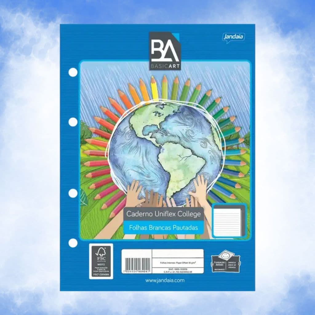 Refil Fichário Uniflex 04 furos Colegial Tamanho 175x242mm Basicart 80 Folhas Pautadas Jandaia