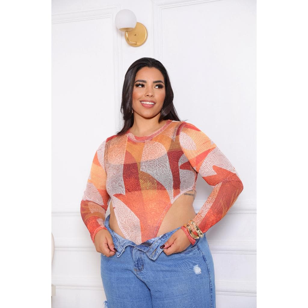 Body Tule estampa única, manga longa, body cavado, gola alta, tendencia, verano 2026 sem sutia moda gringa
