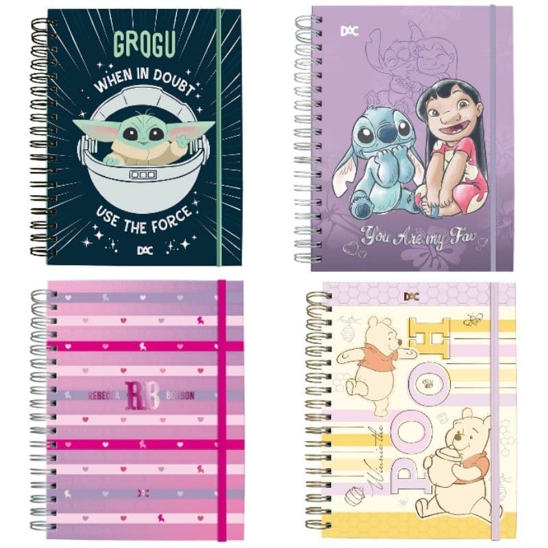 Caderno Smart colegial DAC folhas reposicionáveis Stitch Star Wars Rebecca Bonbon Disney Pooh Hello Milky Trendy Lume