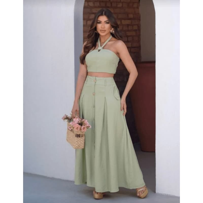 Conjunto Feminino Cropped Várias Maneiras de Usar e Saia Longa Super Elegante e Estiloso