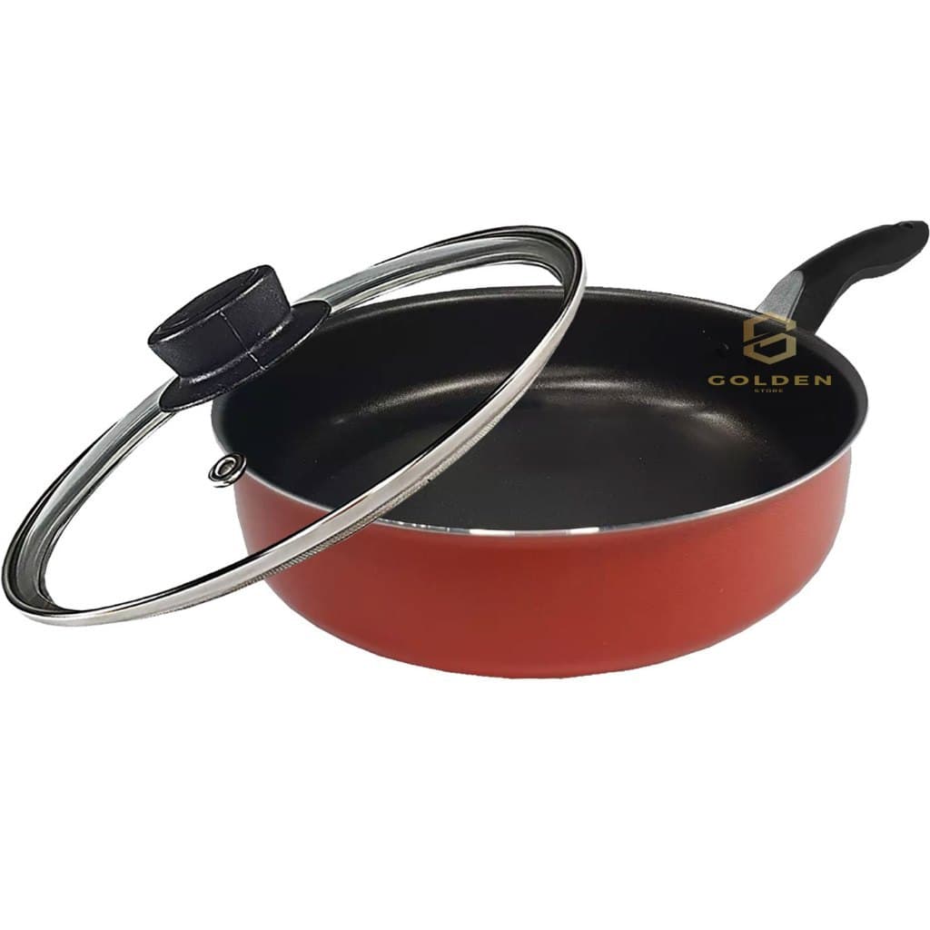 Frigideira Alta Funda 18 Cm Antiaderente Teflon com Tampa de Vidro e Espátula Nylon Vermelha