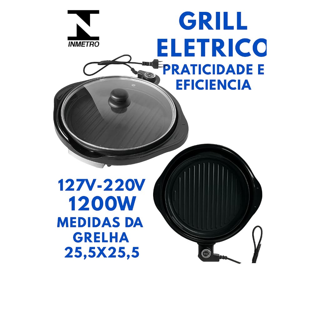 Grill Elétrico Redondo Premium com Termostato 220V – 1200W, Antiaderente e Coletor de Gordura