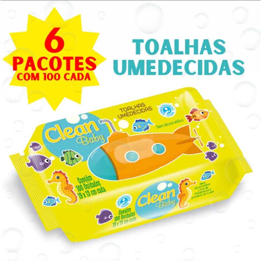 Caixa 6 Pacotes Toalhas Umedecidas Clean Baby com 100 cada