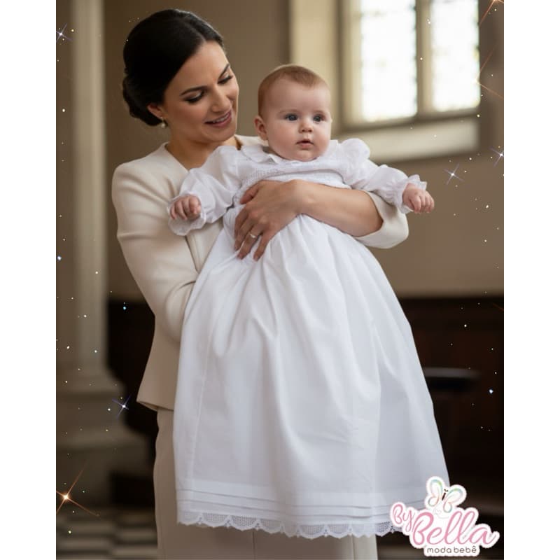 MANDRIÃO (03 a 18 meses) VESTIDO BATIZADO BATISMO INFANTIL BEBÊ ALGODÃO BORDADO RENDA RENASCENÇA BABADINHO