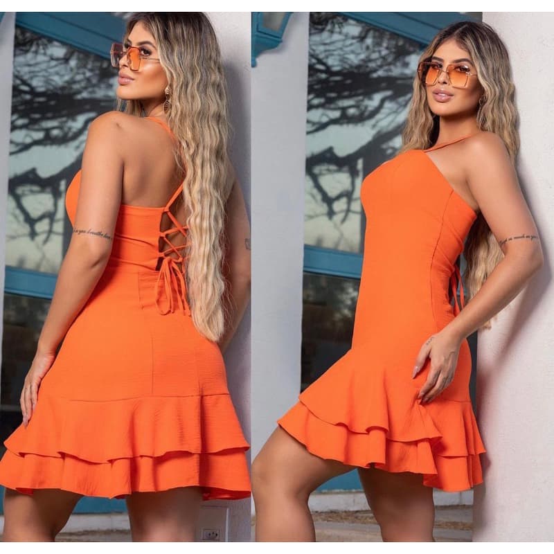 Vestido curto soltinho dois babado rodado bailarina alças finas  moda elegante