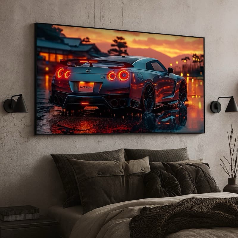 QUADRO DECORATIVO PEÇA ÚNICA CARRO NISSAN GTR R35 FUNDO NEON 4K FULL HD DECORAÇÃO PLACA MDF