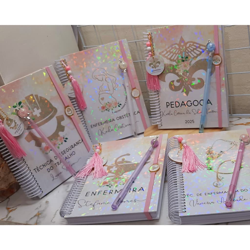 Caderno Pautado Profissões minimalista luxo Holográfico + Caneta fofa