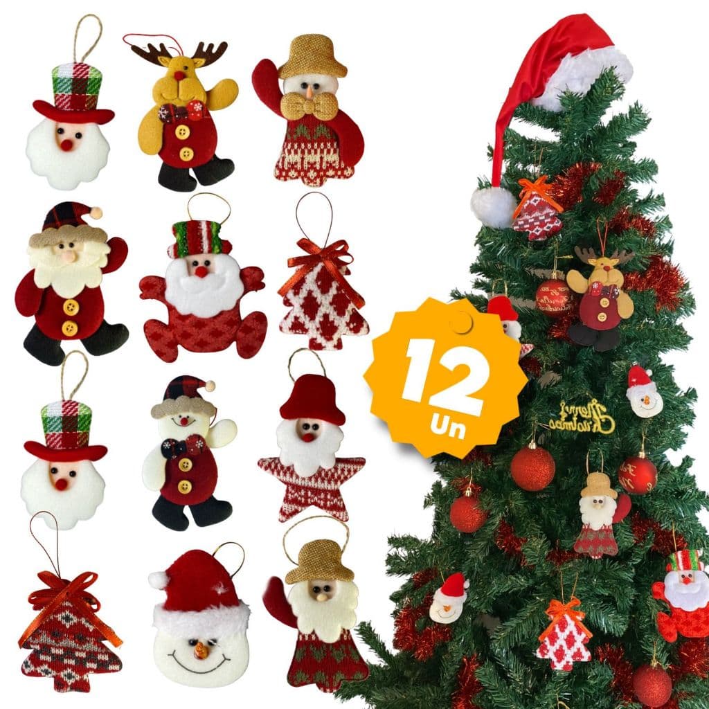 Enfeite de Natal Pelúcia Kit 10/12 Unidades Variadas Papai Noel Rena Boneco Neve Árvore Natal Pendentes Natalinos Luxo