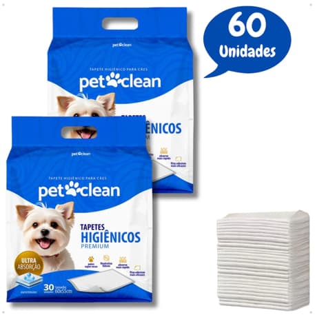 Kit 2 Tapete Higiênico Premium Gel para Cachorro Pet Clean 60 x 55 cm - 60 Unidades