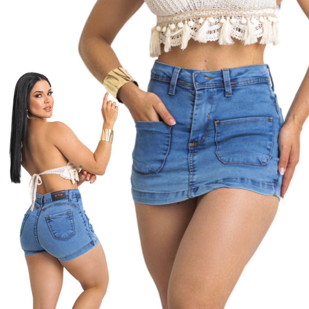 Short Saia Jeans Feminina Cargo Cintura Alta Levanta Bumbum Original elastano laicra