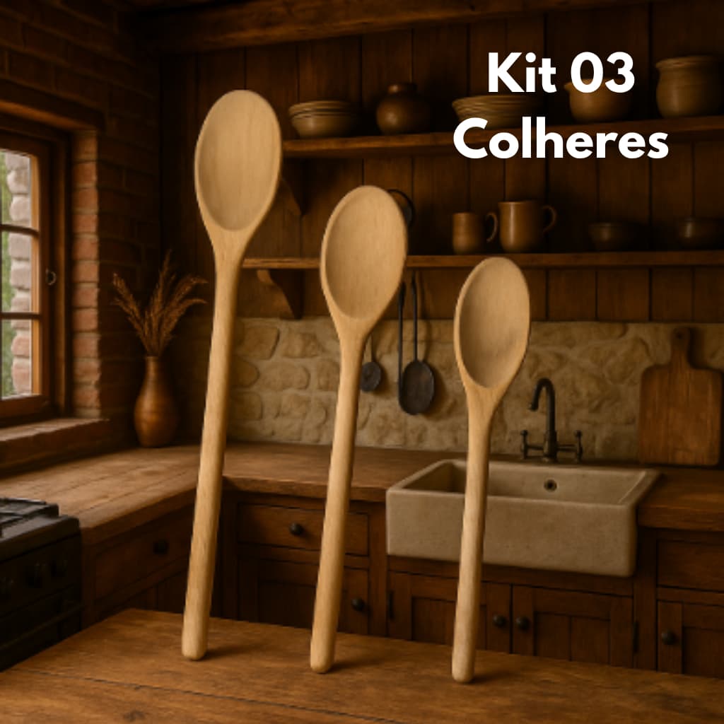 Kit 03 Itens Colher de Pau / Madeira Para Cozinha Com Cabo Liso - 32cm, 26cm e 24cm