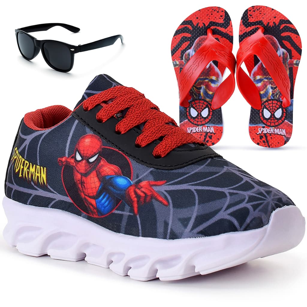 Kit Tênis Infantil Menino Homem Aranha Casual + Chinelo + Óculos Infantil