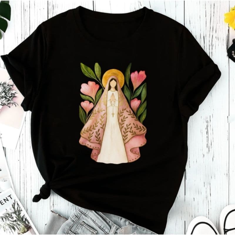 Camiseta Camisa Feminina Nossa Senhora Católica Cristã Religião 100% Algodão Básica