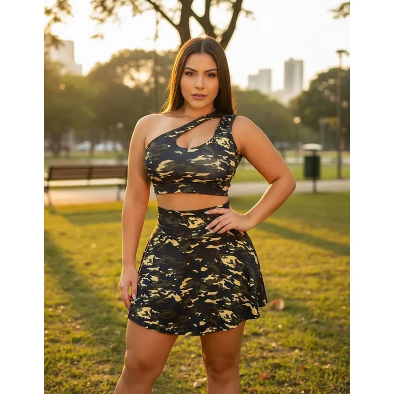 Conjunto Short Saia + Top De Ombro Com Bojo Estampados Roupa De Academia Feminino
