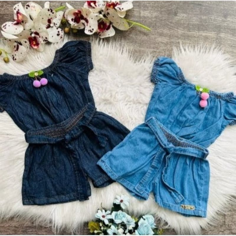 Conjunto Ciganinha Jeans, Short+ Blusinha Blogueirinha, conjunto Jeans menina, Cropped Cereja e Short Molinho.