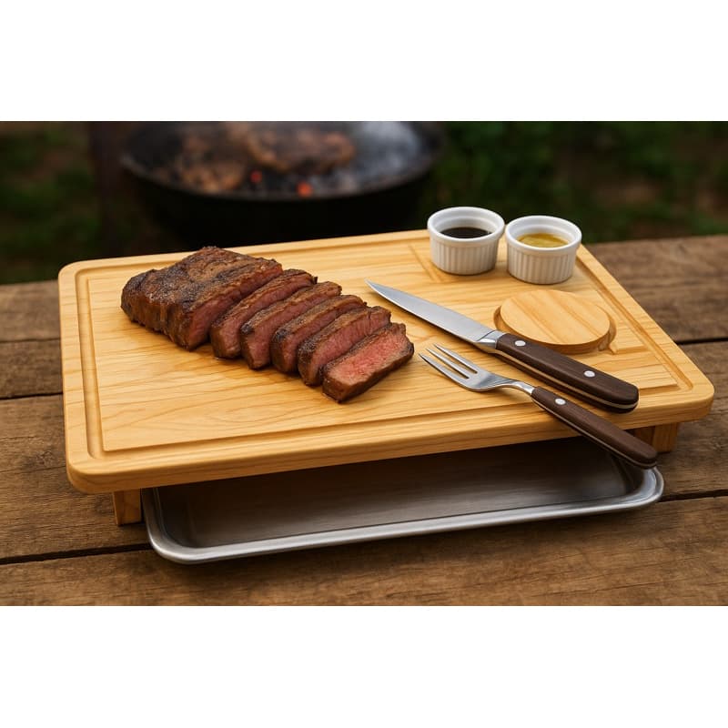Tábua de carne gourmet para churrascos c/ ramequins e bandeja