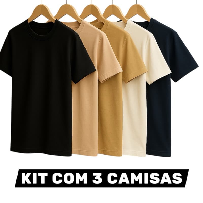 Kit com 3 Camisas Masculinas Básica Lisa 100% Algodão