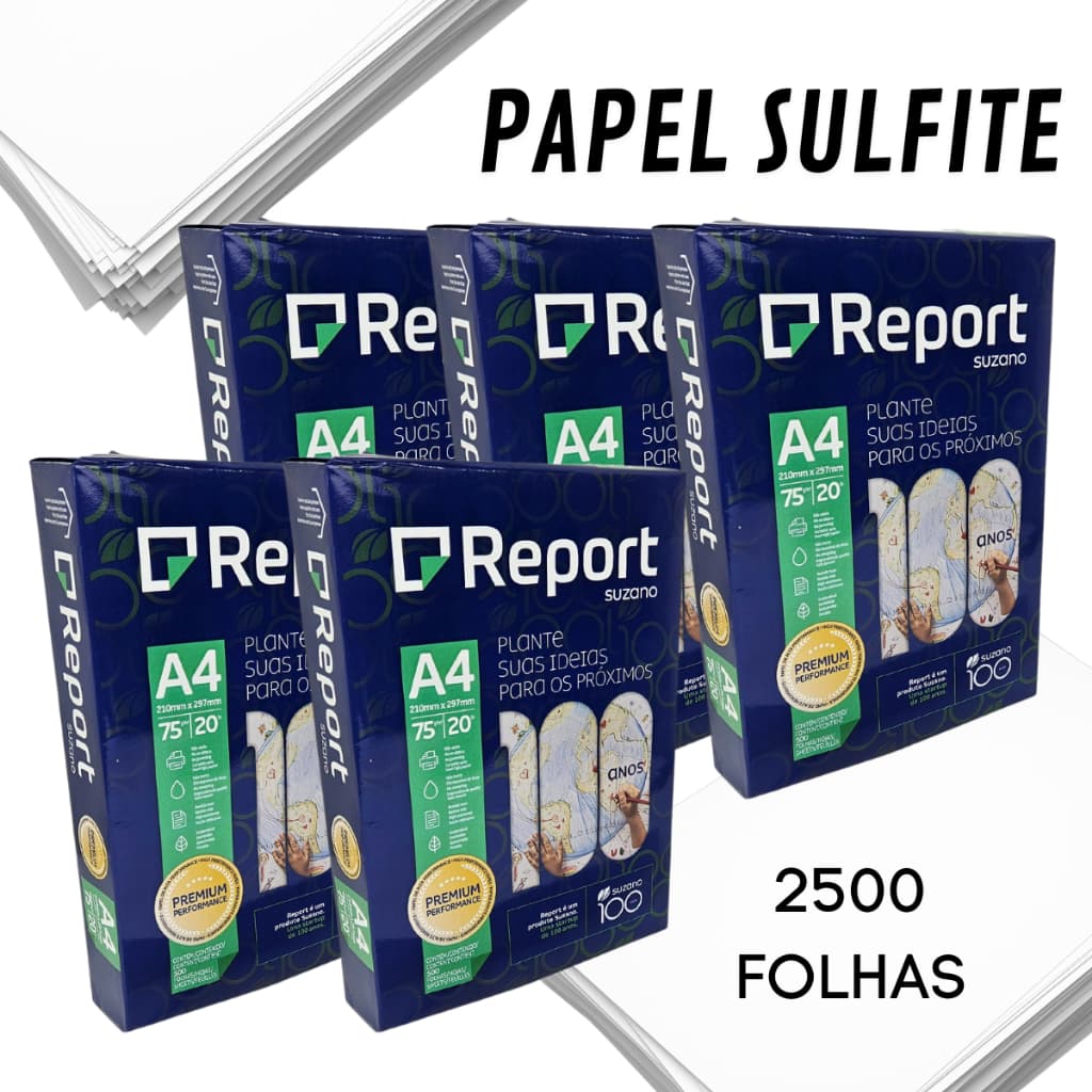 Kit 5 Resmas Papel Sulfite Report A4 75g 500 Folhas Cada