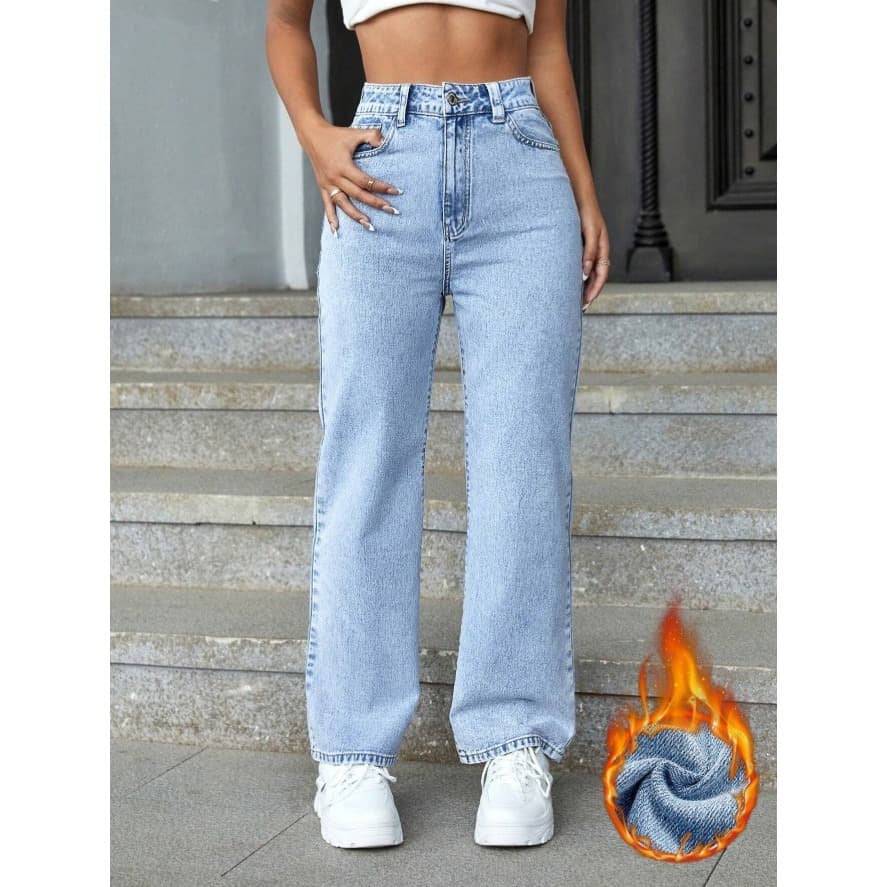 Calça Jeans De Perna Reta Wide Leg Feminina