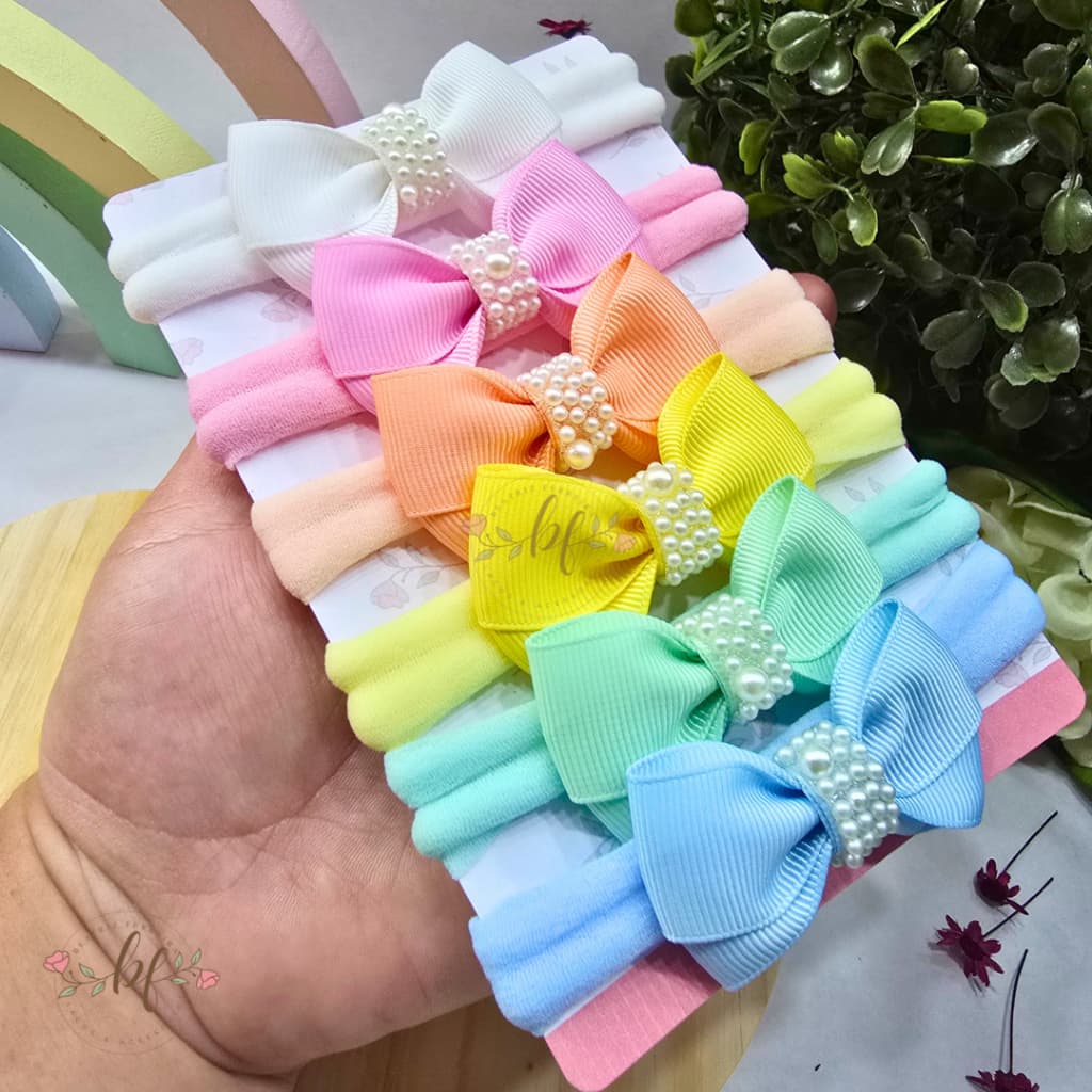 Kit 6 Laços Bebê Faixa - Cruzado Pérola Faixinha Slim Recém Nascido Lacinhos de Cabelo RN Infantil Menina Meia de Seda