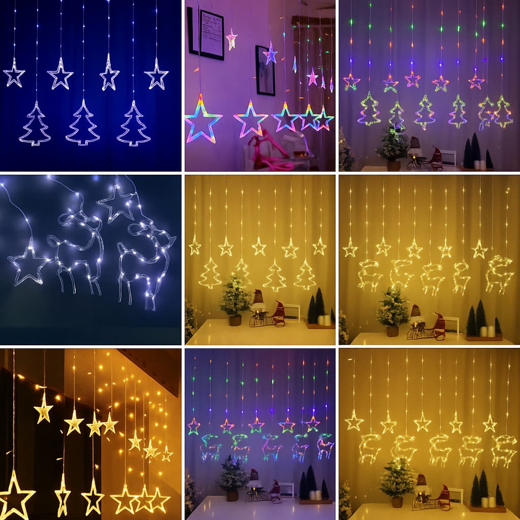 Halloween Cortina de Luzes Natalinas Estrelas 3m 110V/220V 12 Pendentes LED Quente, Branca e Colorida Decoração de Natal