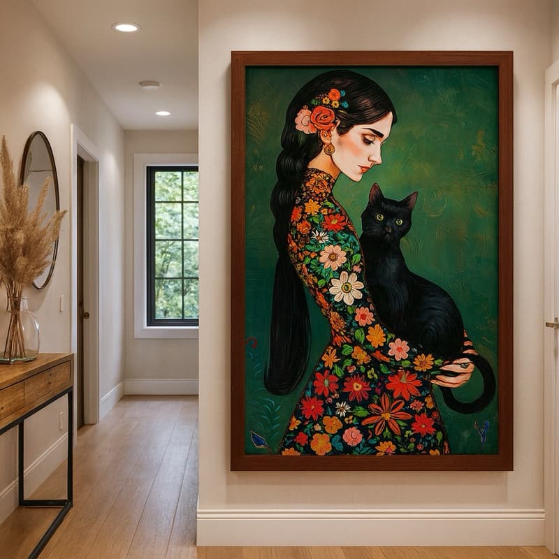 QUADRO DECORATIVO GRANDE MULHER ARTE PINTURA GATO PRETO FLORAL DECORAÇÃO INTERIOR SALA/QUARTO MDF HD