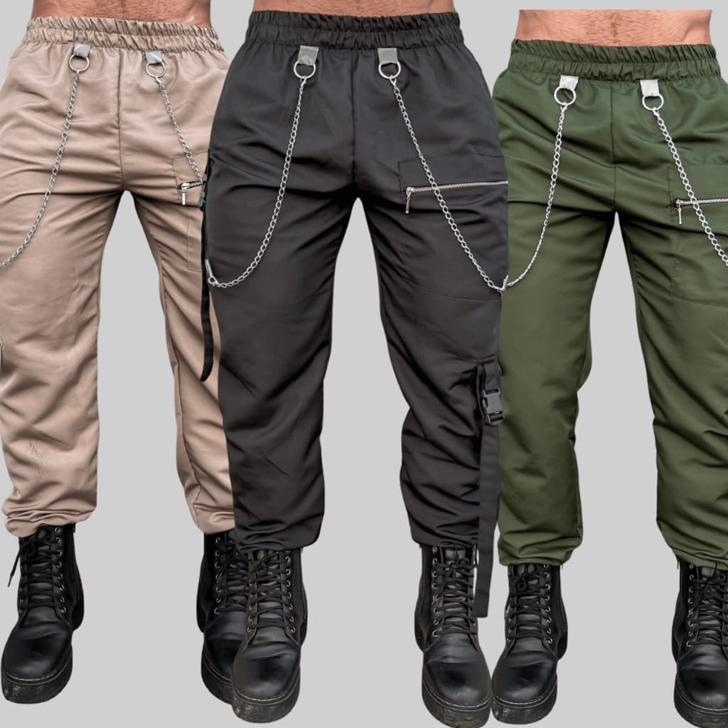 Calça Masculina Cargo Jogger Correntes e Tiras Moda Gringa Street