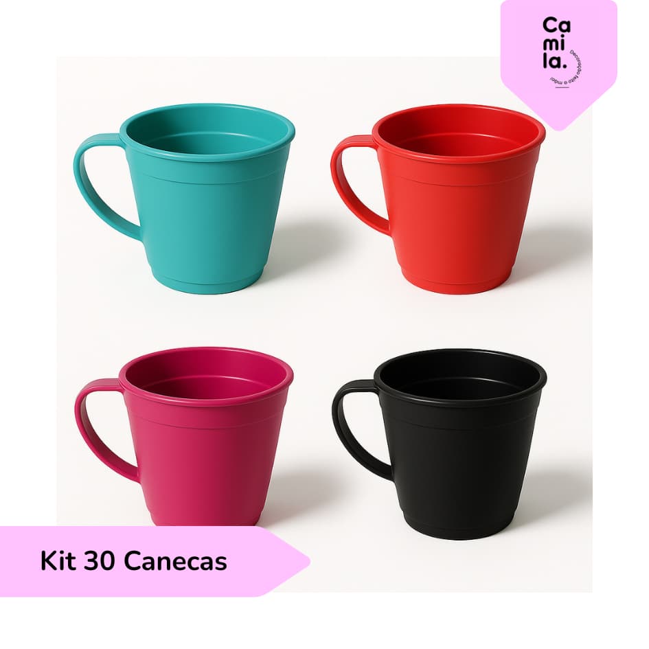 Kit 30 Canecas Plástico Organização Alimentação Cozinha Merenda Escola Refeição Crianças