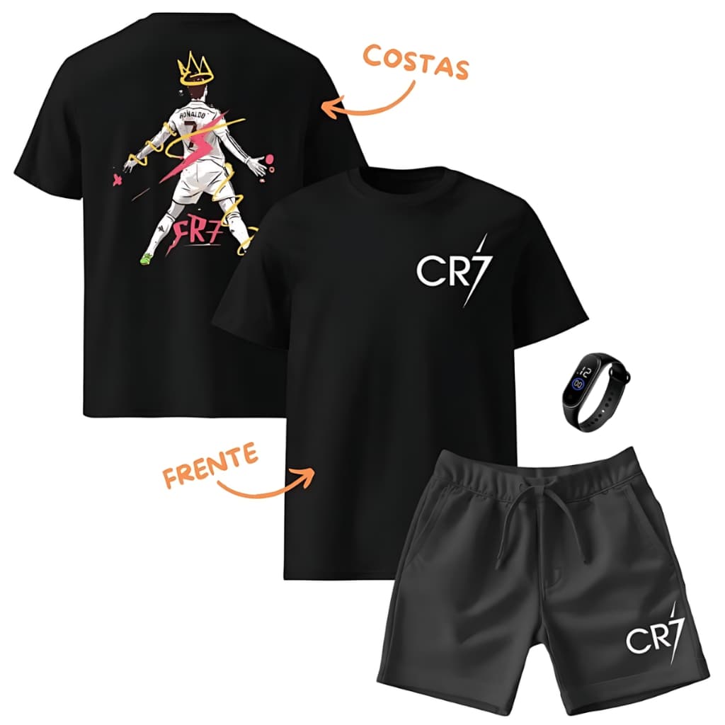 Kit Infantil 2 peças Com 1 Camiseta e 1 Short Moletom Do CR7 Conjunto Bermuda Moletom Camisa Jogador Cristiano Ronaldo