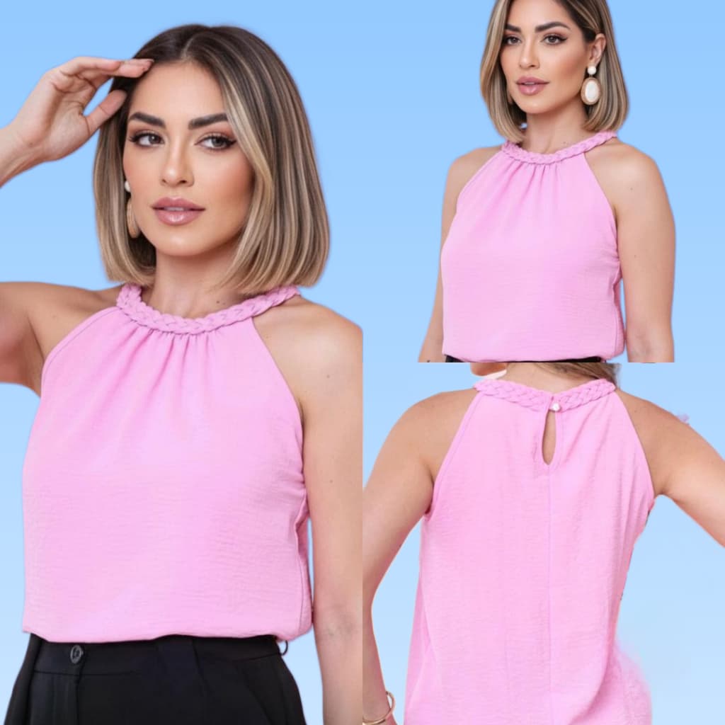 Blusa Feminina Duna Gola Alta Com Trança  Botõ Regata Estilosa M G GG G1 2506