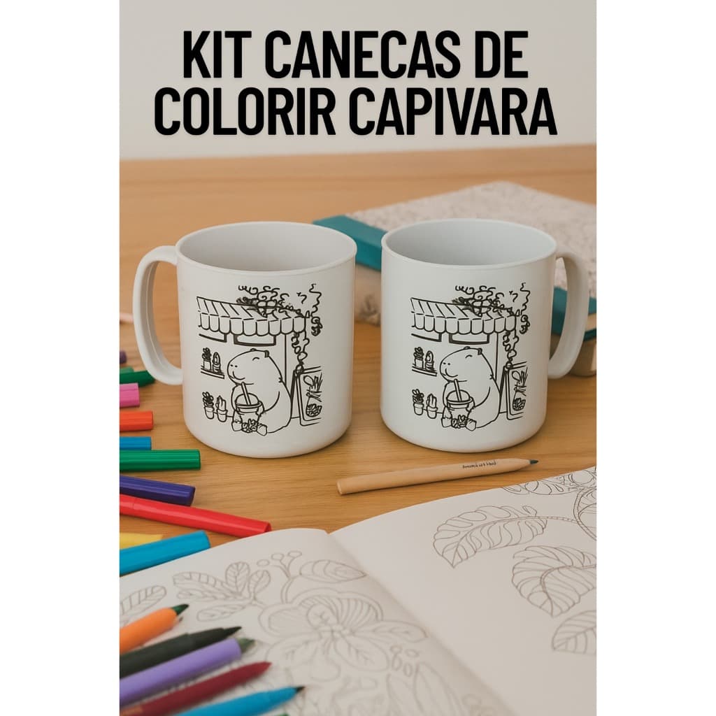 Kit Canecas de Colorir Capivara 400 ml Plástico Branca Fofo Diversão Eventos Comemoração Festas