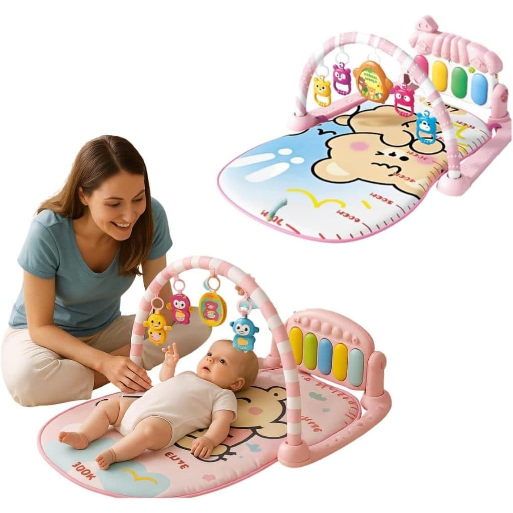 Tapete Atividades Musical p/ Bebê c/ Piano Interativo Rosa 70 x 43 cm para Bebês acima de 3 Meses