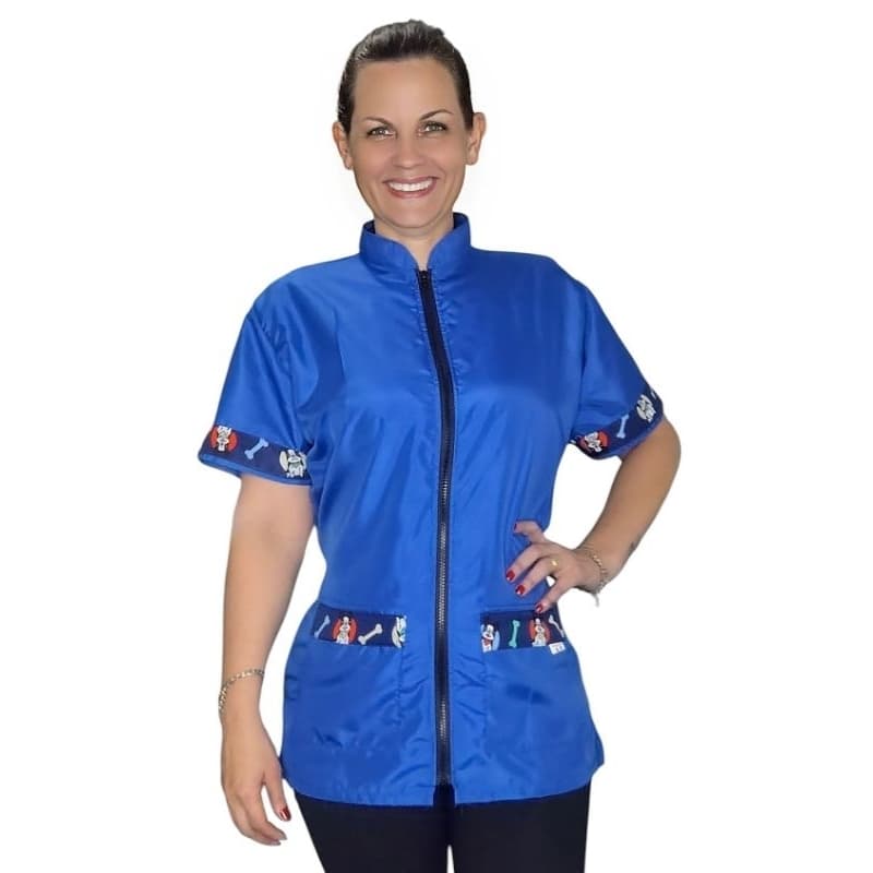 Jaleco banho e tosa anti pelos azul detalhes pet