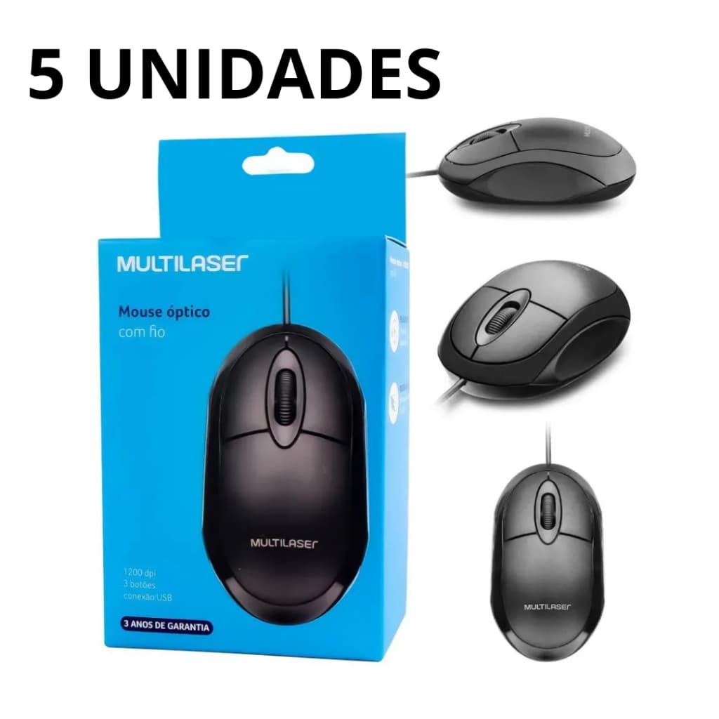 Kit 05 Mouse USB Óptico Classic Preto com fio - Multilaser Mo179