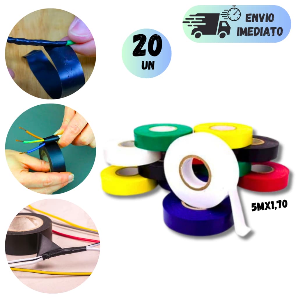 KIT 10 OU 20 FITA ISOLANTE PROFISSIONAL ELETRICISTA COLORIDA SQ MULTIUSO 5 METROS
