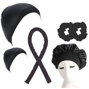 Kit Touca com Cetim com  Faixa + Modelador de cachos com 2 xuxinhas de cetim e 2 Toucas Nero