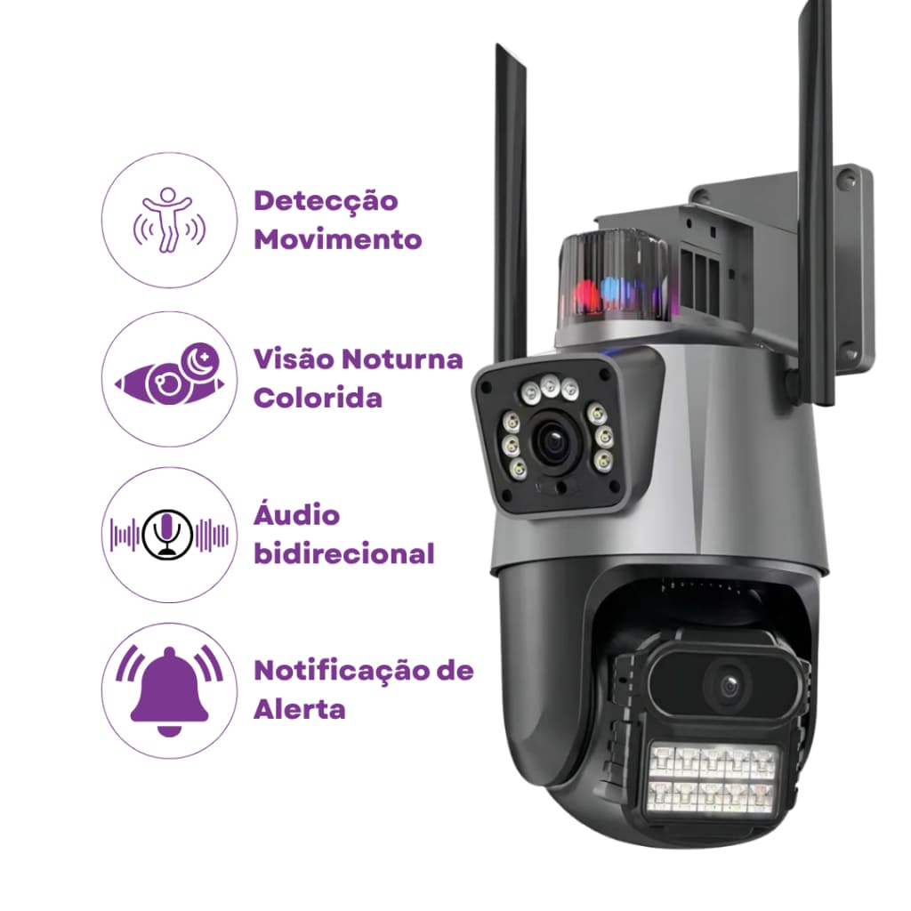 Câmera Inteligente 4G ou Wi-Fi com Alarme Sirene Policial Lente Dupla 3.6mm Rotação e Visão Noturna