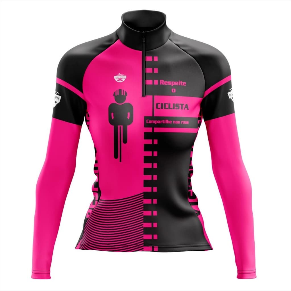 Camisa Ciclismo Feminina Manga Longa Respeite o Ciclista Rosa uv+50