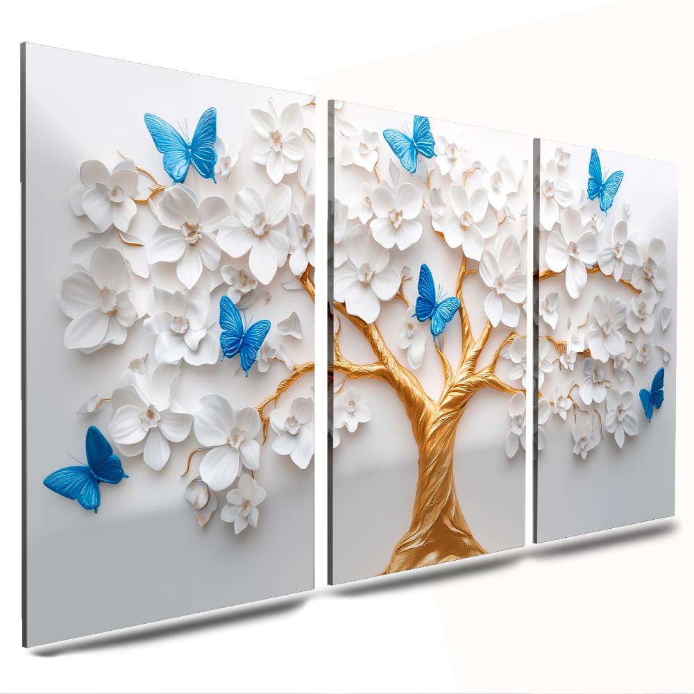 kit quadros mdf árvore da vida folhas brancas borboletas  azul sala cozinha escritorio