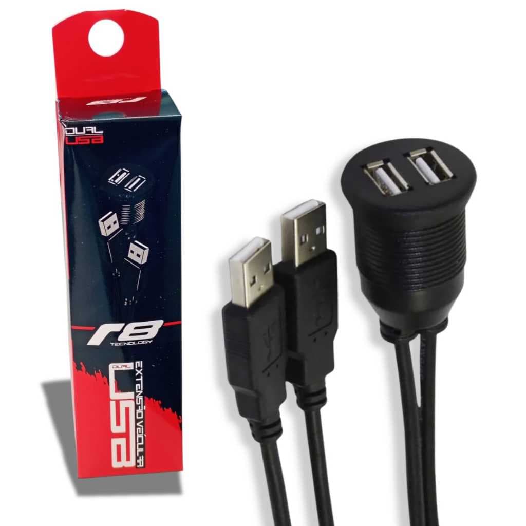 Extensão Veicular Dupla USB 2.0 Multimídia R8 Technology 1 Metro com Painel de Embutir