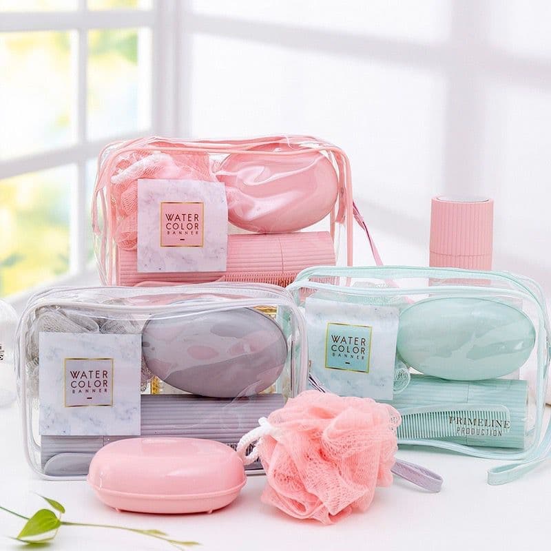 5 Peças Kit de Viagem Com Bolsa Porta Escova Pente Saboneteira e Ducha Compacto Para Viagem