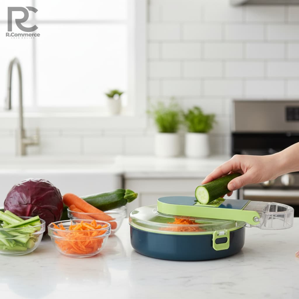 Ralador Fatiador de Legumes Vegetais 15 Peças Multifuncional Redondo com Cesto e Lâminas Inox