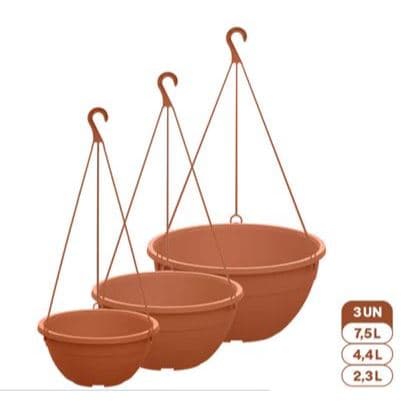 Kit 3 Vasos Cuia Suspensos 2,3L 4,4L 7,5L Fosco Gancho Plástico para Pendurar Plantas Jardim Varanda( PLASTSHOP )