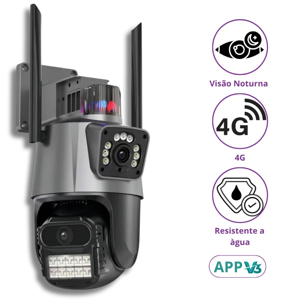 Câmera Speed Dome Profissional 4G App V3 com Alarme Sirene Lente Dupla 3.6mm Rotação Visão Noturna