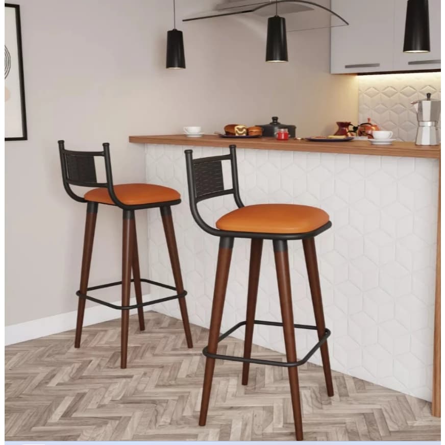 Kit 2 Banquetas Alta com Pés de Madeira para Balcão Bancada Bistrô Moderna Luxo