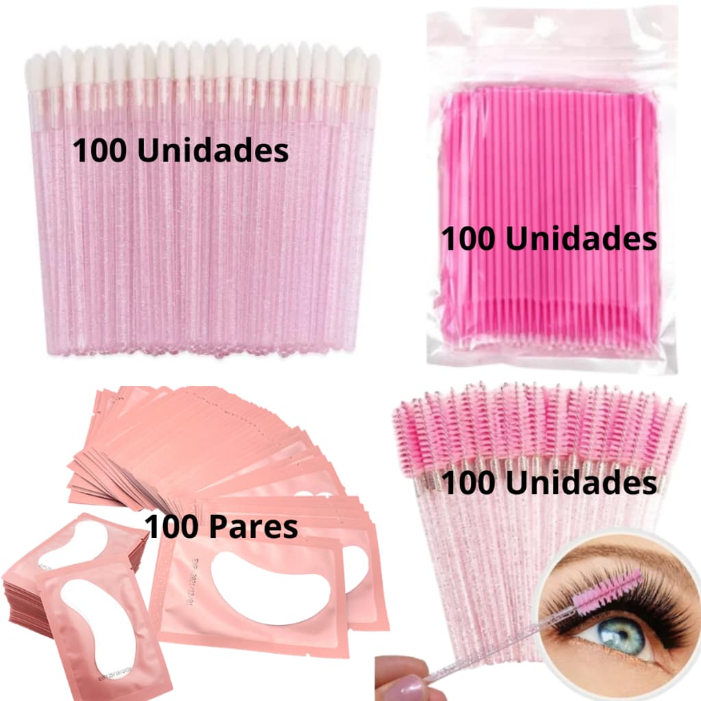 Kit 100 Escovinhas + 100 Microbrush + 100 Aplicador + 100 Pares de Gel Pads Extensão de Cílios