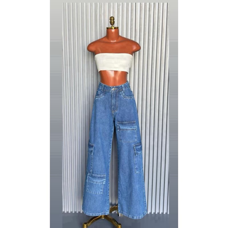 Calça Wide legue  Cargo Jeans  4 bolsos